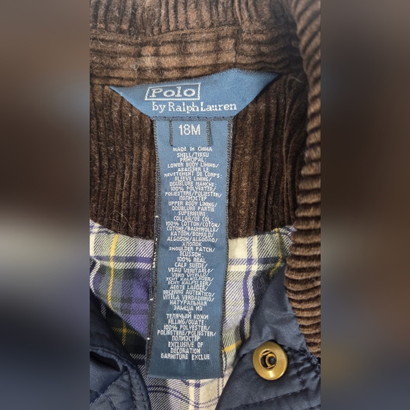 Toddler Polo Ralph Lauren Quilted Jacket 18M Navy Brown Corduroy Collar - Picture 9 of 9